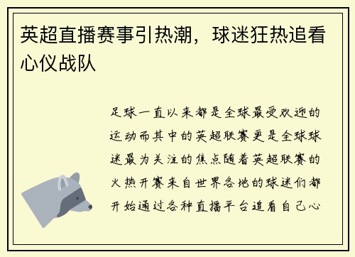 英超直播赛事引热潮，球迷狂热追看心仪战队